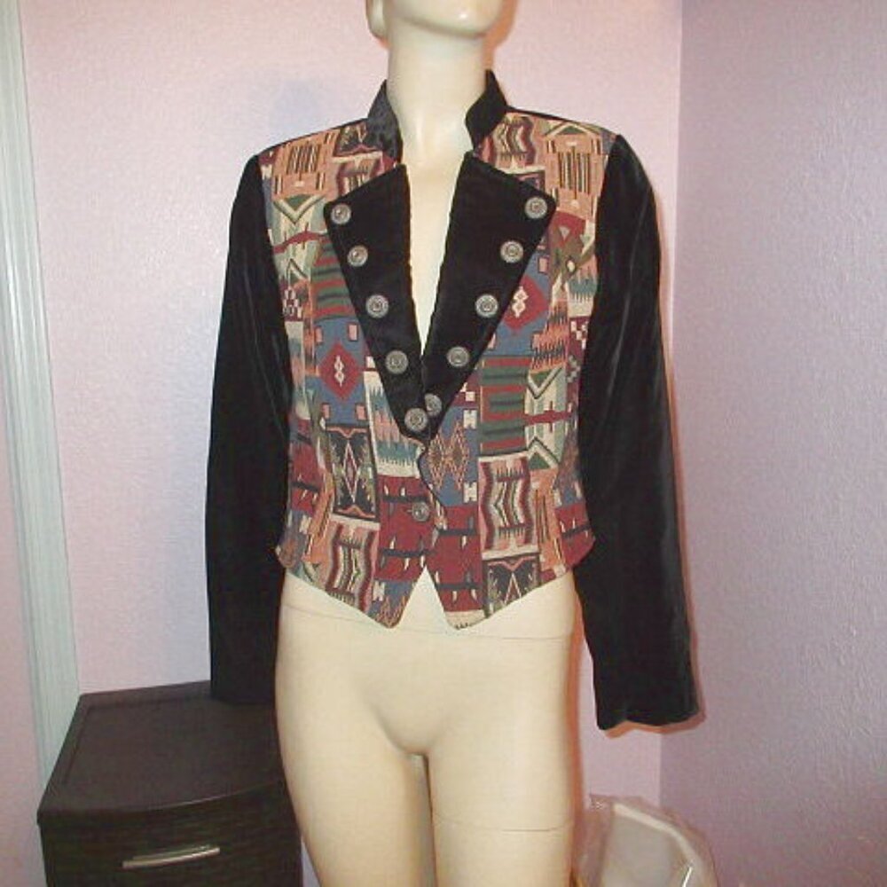 Vtg 90s Circle T Tapestry Jacket S Coat Navajo Aztec Western Cowgirl Ranch Boho